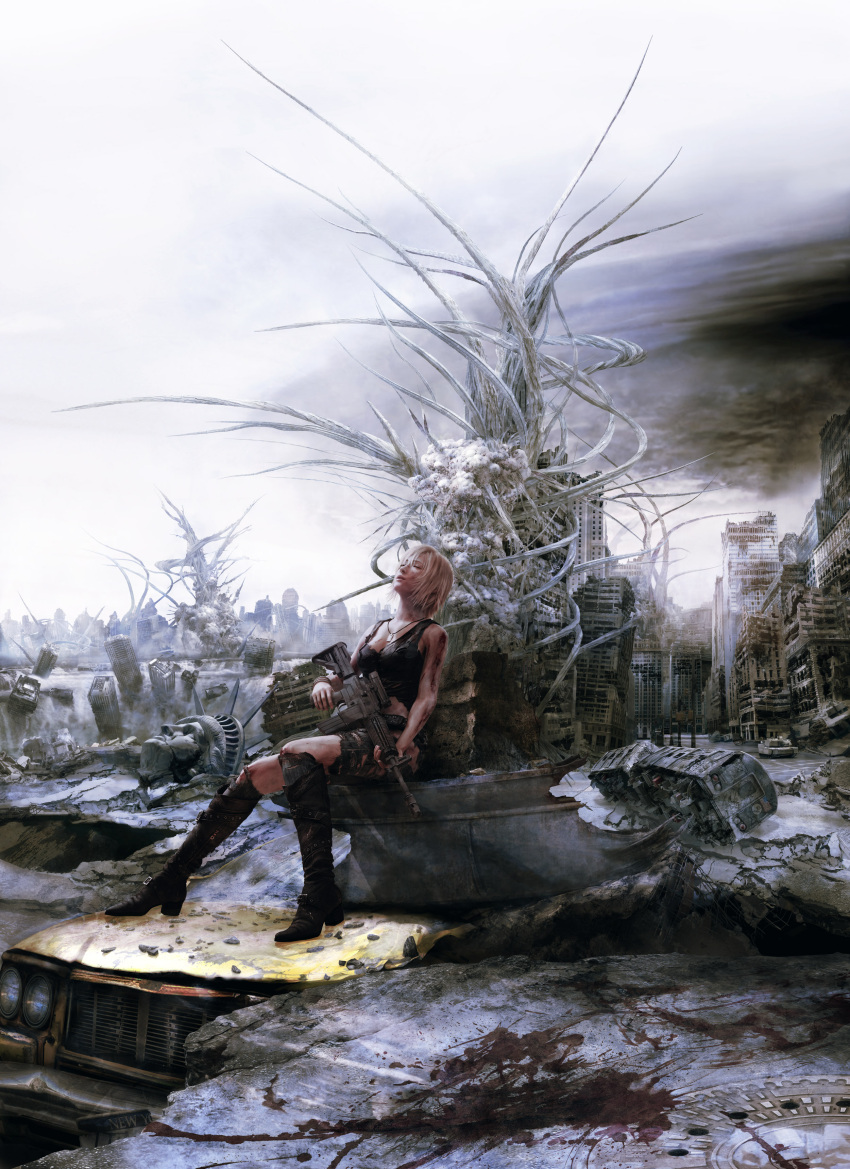 army assault_rifle aya_brea bare_shoulders belt blonde_hair blood boots bracelet building car city closed_eyes debris destruction eyes_closed gun highres injury jeans jewelry landmark legs logo military military_vehicle motor_vehicle necklace new_york ocean official_art parasite_eve parasite_eve_the_3rd_birthday realistic rifle rubble ruins scenery short_hair sitting solo square_enix statue_of_liberty tank tank_top torn_clothes train vehicle wallpaper weapon