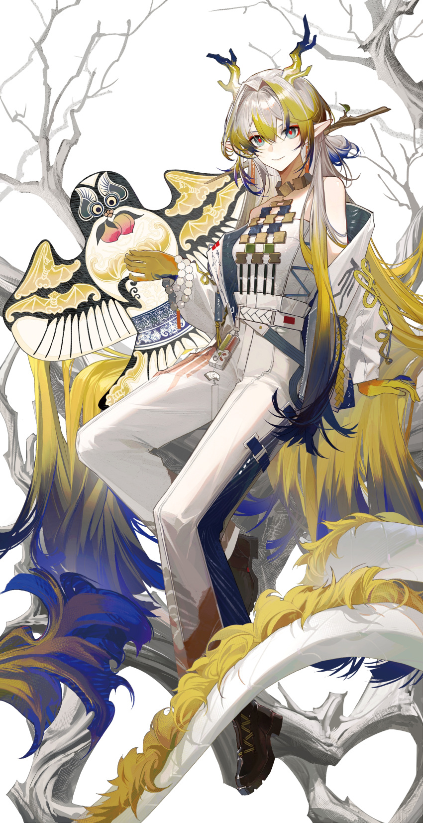 1girl 4626238526 absurdres arknights bad_anatomy bad_hands bare_shoulders beads belt blonde_hair blue_hair branch chinese_commentary closed_mouth colored_extremities commentary_request dragon_girl dragon_horns dragon_tail earrings eyeliner full_body green_eyes hair_between_eyes hair_intakes highres horns jacket jewelry kite long_hair long_sleeves looking_at_viewer makeup multicolored_hair necklace off_shoulder on_branch pants pointy_ears purple_hair red_eyeliner red_pupils seigaiha shu_(arknights) sitting sitting_on_branch smile solo strapless tail tube_top very_long_hair white_background white_belt white_hair white_jacket white_pants white_tube_top