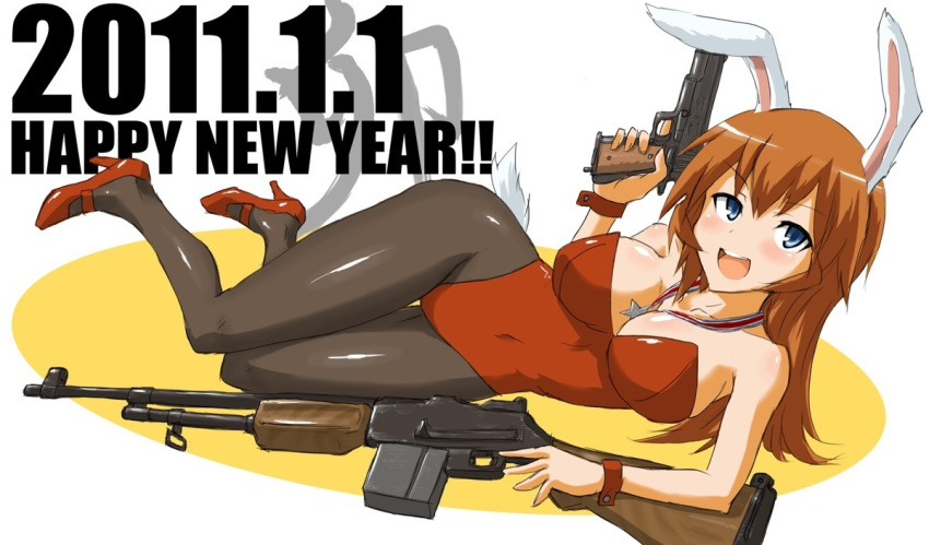 animal_ears bar1918 blue_eyes breasts brown_hair browning_automatic_rifle bunny_ears bunnysuit charlotte_e_yeager dual_wielding gun handgun large_breasts long_hair m1911 m1918_bar medal new_year ogitsune_(ankakecya-han) okitsune_(ankakecya-han) on_side pantyhose pistol rifle strike_witches trigger_discipline weapon