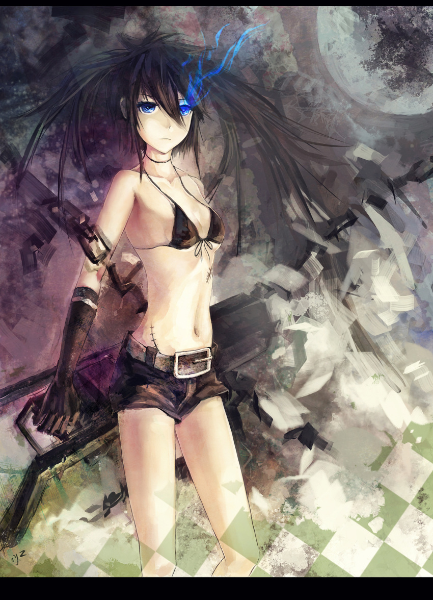 2y.x belt bikini_top black_hair black_rock_shooter black_rock_shooter_(character) blue_eyes chain chains gloves glowing glowing_eyes highres long_hair scar shorts solo twintails uneven_twintails weapon