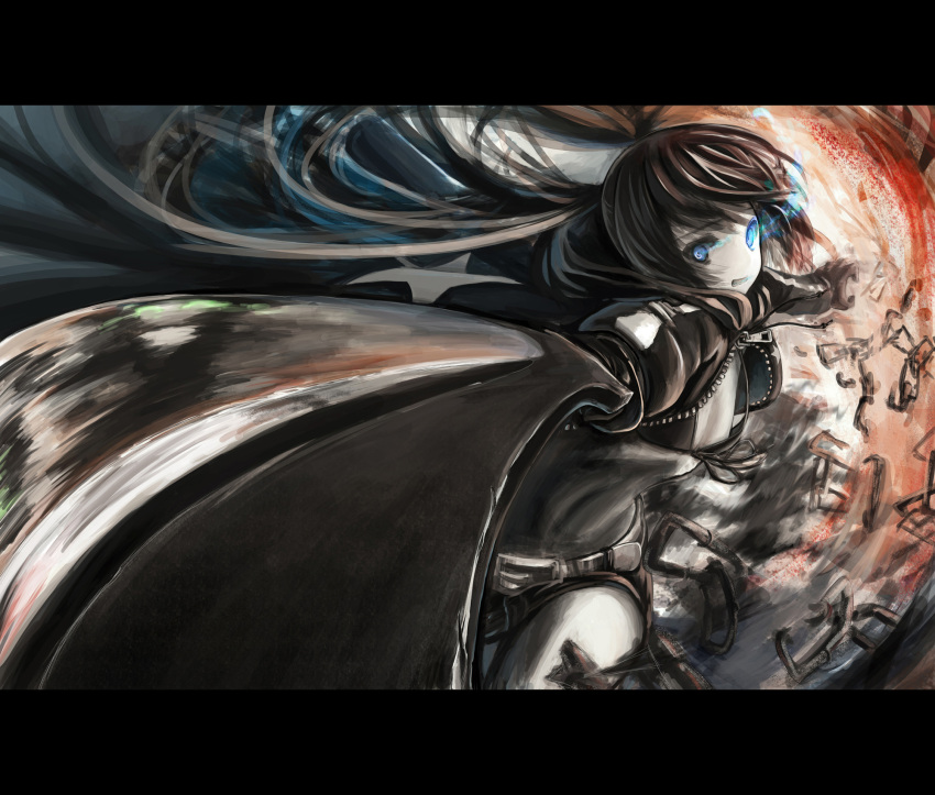 black_hair black_rock_shooter black_rock_shooter_(character) blue_eyes dead_master foreshortening gloves glowing glowing_eyes highres letterboxed long_hair ogadenmon outstretched_arms solo sword twintails weapon
