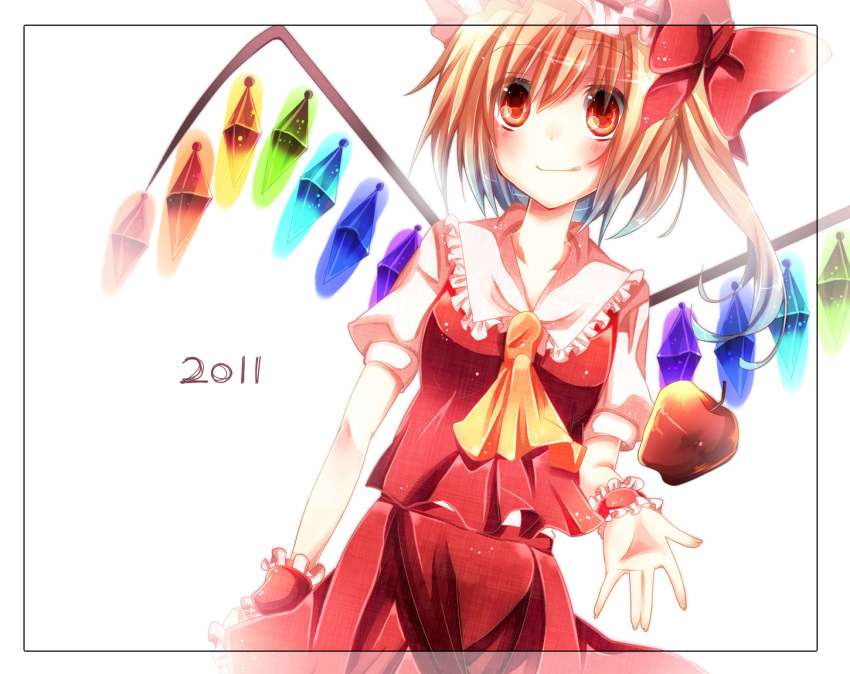 2011 :q apple ascot bad_id blonde_hair blush detached_cuffs flandre_scarlet food fruit hat kishi_naon red_eyes short_hair simple_background solo the_embodiment_of_scarlet_devil tongue touhou wings wrist_cuffs