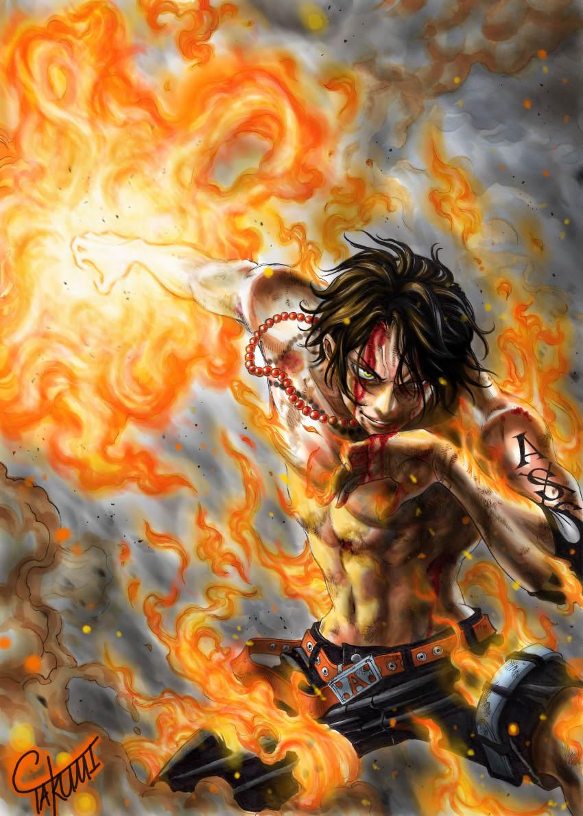 1boy abs absurdres battle black_hair blood elbow_pads fire green_eyes highres jewelry male marlboro_(artist) necklace one_piece portgas_d_ace shirtless short_hair signature smile smoke solo tattoo toned wiping_mouth