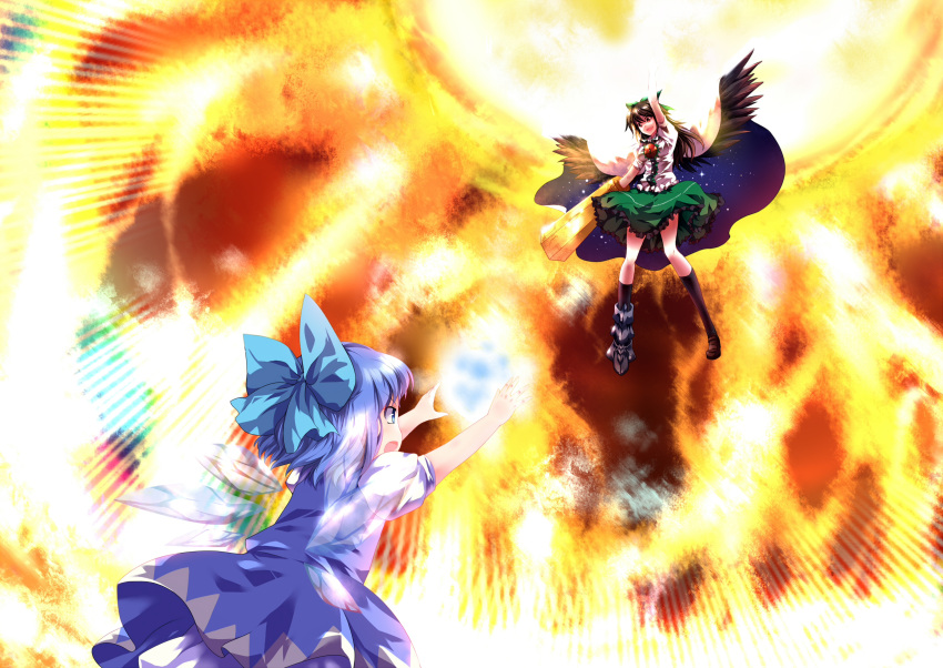 absurdres arm_cannon arm_up arms_up battle black_hair black_wings blue_eyes blue_hair bow cape cirno energy_ball flying hair_bow highres ice long_hair multiple_girls reiuji_utsuho short_hair sinchi sun touhou touhou_hisoutensoku weapon wings