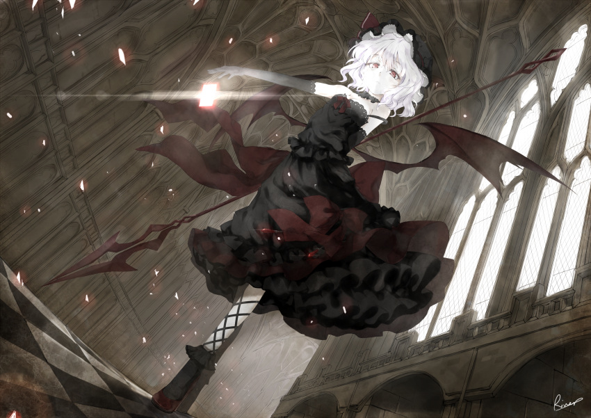 alongriver alternate_color alternate_costume bare_shoulders bat_wings black_dress bobby_socks bow breasts ceiling checkered checkered_floor cleavage dress dutch_angle elbow_gloves frills from_below gathers gloves glowing hat highres indoors lace large_bow leg_ribbon lens_flare outstretched_arm pale_skin polearm red_eyes remilia_scarlet ruffles short_hair slit_pupils socks solo spear spear_the_gungnir spell_card standing strap_slip touhou weapon white_hair wings