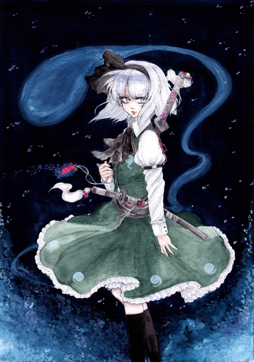 absurdres blue_eyes ghost hairband highres katana konpaku_youmu konpaku_youmu_(ghost) lewis myon scabbard sheath short_hair silver_hair solo sword touhou weapon white_hair