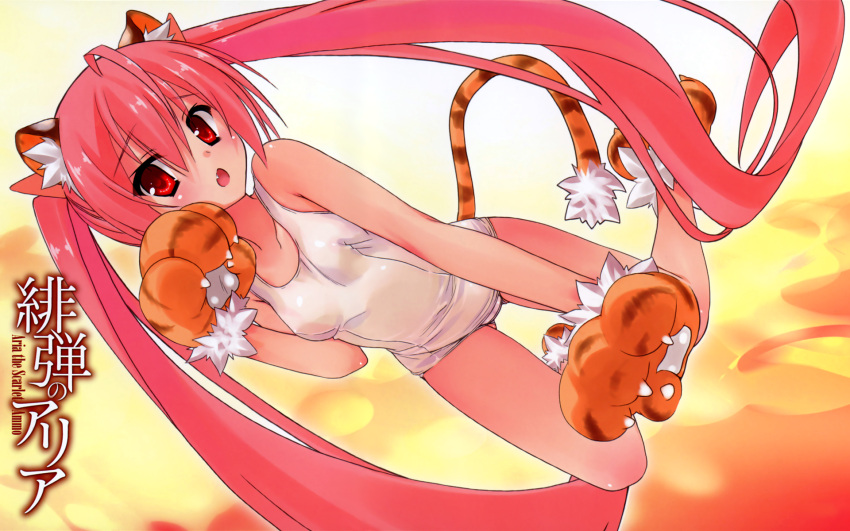 animal_ears artist_request bare_shoulders blush dutch_angle fang gloves hidan_no_aria highres kanzaki_h_aria kobuichi kugimiya_rie long_hair looking_at_viewer open_mouth paw_gloves paws pink_hair red_eyes school_swimsuit seiyuu_connection simple_background solo swimsuit tail tiger_ears tiger_tail twintails very_long_hair white_school_swimsuit