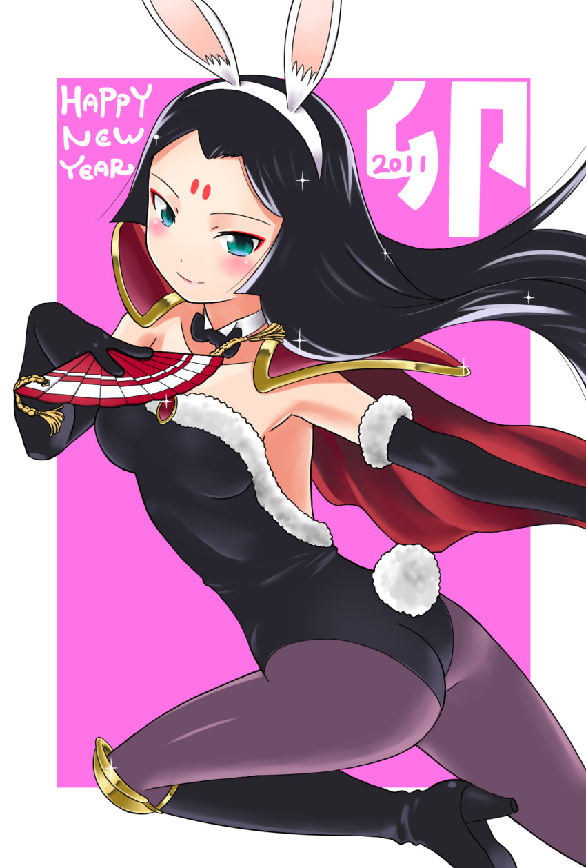 ass black_hair boots bunny_ears bunnysuit cape elbow_gloves facial_mark fan forehead_mark gloves green_eyes highres kaguya_(yaiba) long_hair pantyhose purple_pantyhose shiroi yaiba