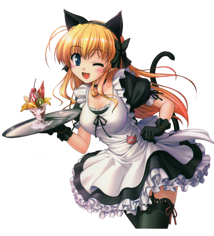 animal_ears bekkankou bell black_legwear black_thighhighs blonde_hair blue_eyes breasts cat_ears cat_tail cherry cleavage food fortune_arterial fruit garter_belt garter_straps gloves highres name_tag parfait ribbon sendou_erika tail thigh-highs thighhighs transparent_background tray waitress wink