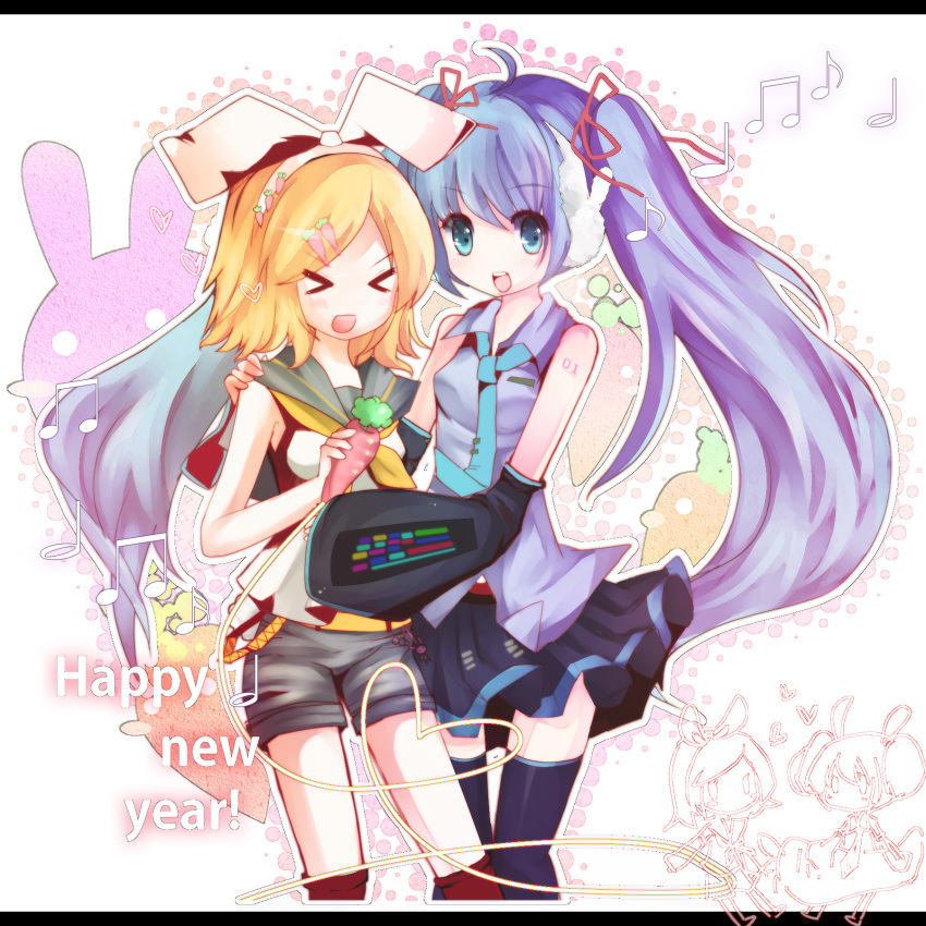 &gt;_&lt; 2girls :d ahoge aqua_eyes bad_id belt blonde_hair blue_hair carrot detached_sleeves earmuffs hair_ornament hair_ribbon hairclip hatsune_miku highres kagamine_rin long_hair moe1995 multiple_girls musical_note necktie new_year open_mouth ribbon sailor_collar shorts skirt smile thigh-highs thighhighs twintails very_long_hair vocaloid