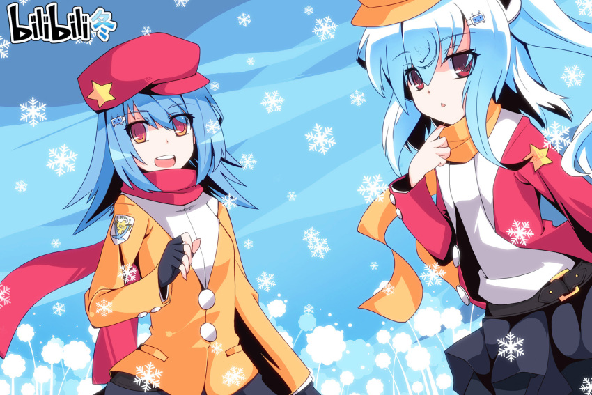 artist_request auer bili_bili_douga bili_girl_22 bili_girl_33 biri_biri_douga blue_hair fingerless_gloves gloves hat highres long_hair multiple_girls open_mouth red_eyes scarf siblings sisters snow snowflakes snowing wallpaper