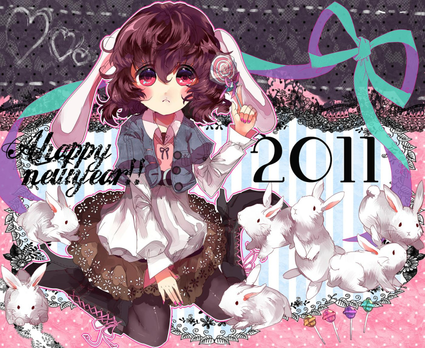 alternate_costume animal_ears black_legwear black_pantyhose boots brown_hair bunny bunny_ears cross-laced_footwear high_heels hoshika_ranoe inaba_tewi new_year pantyhose rabbit red_eyes shoes short_hair solo touhou