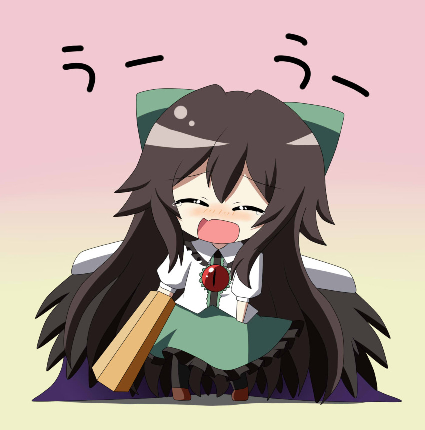 arm_cannon black_wings blouse blush bow brooch brown_hair cape chibi closed_eyes eyes_closed hair_bow hasewox highres jewelry long_hair open_mouth reiuji_utsuho skirt solo standing tears thigh-highs thighhighs touhou weapon wings