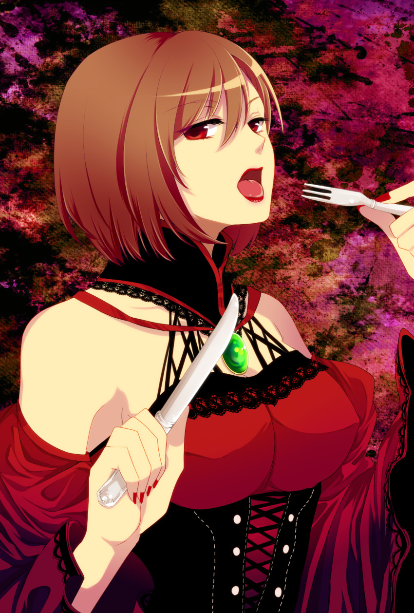 akujiki_musume_conchita_(vocaloid) breasts brown_hair dress fork highres knife lips meiko nail_polish open_mouth portrait red_eyes short_hair solo vocaloid yoi