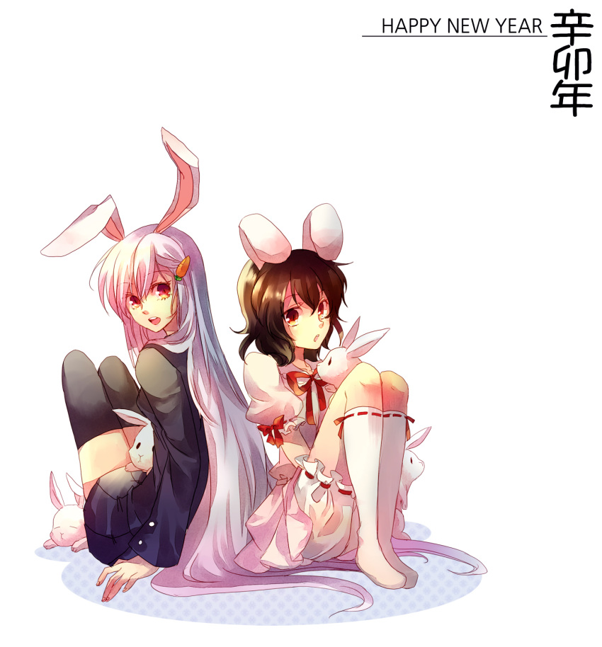 2girls animal_ears back-to-back black_legwear bloomers brown_hair bunny bunny_ears carrot highres inaba_tewi long_hair multiple_girls new_year nr_(cmnrr) red_eyes reisen_udongein_inaba sitting thighhighs touhou very_long_hair