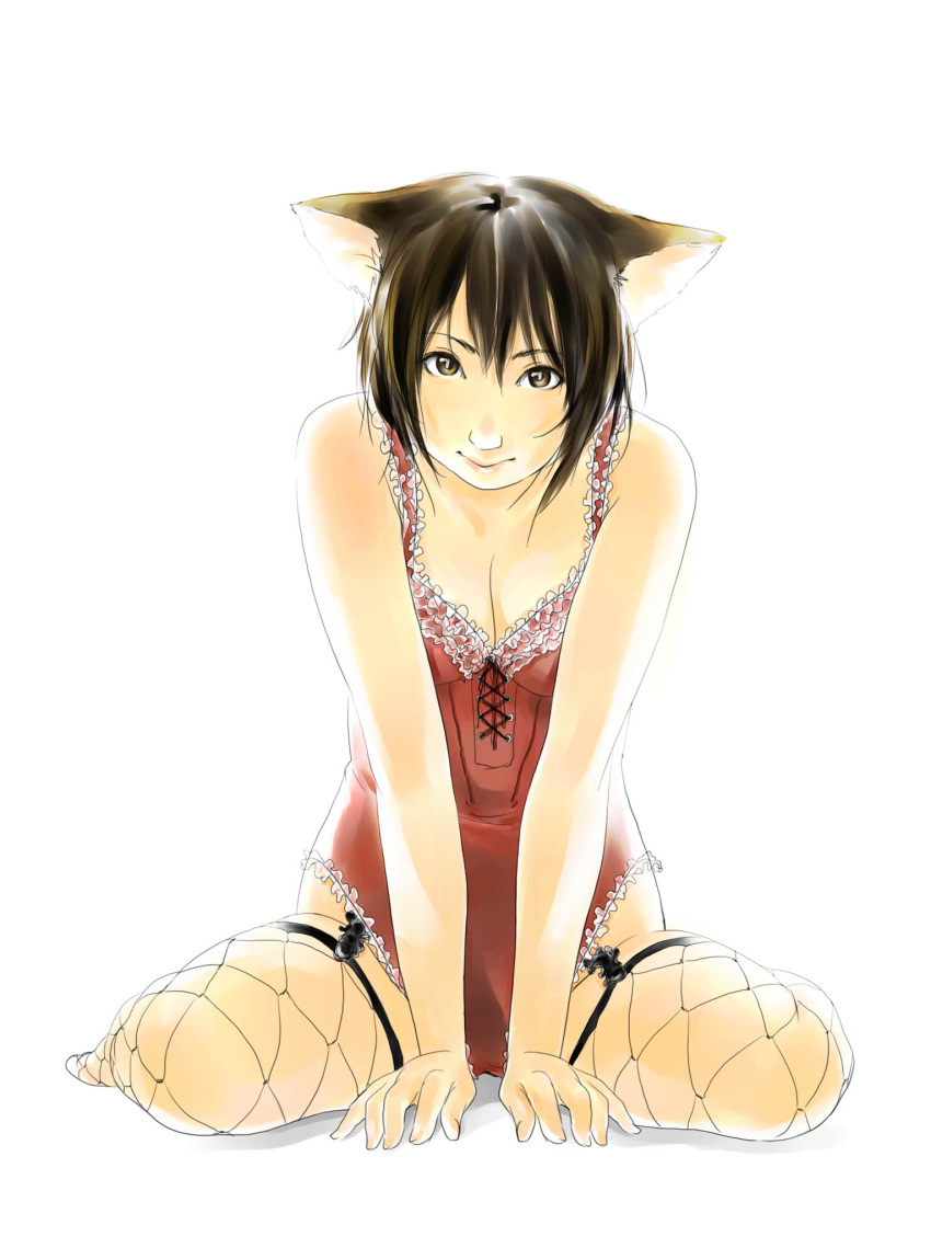 bad_id breasts cat_ears cleavage face fishnets highres lips original realistic short_hair solo thigh-highs thighhighs toshinobu40