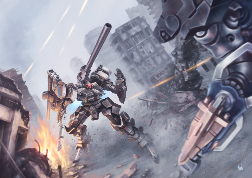 armored_core_3 battle building cannon city cityscape collateral_damage dual_face dust explosion fire gun haku_(laterna_magica) highres mecha oracle realistic rifle ruins science_fiction video_game weapon