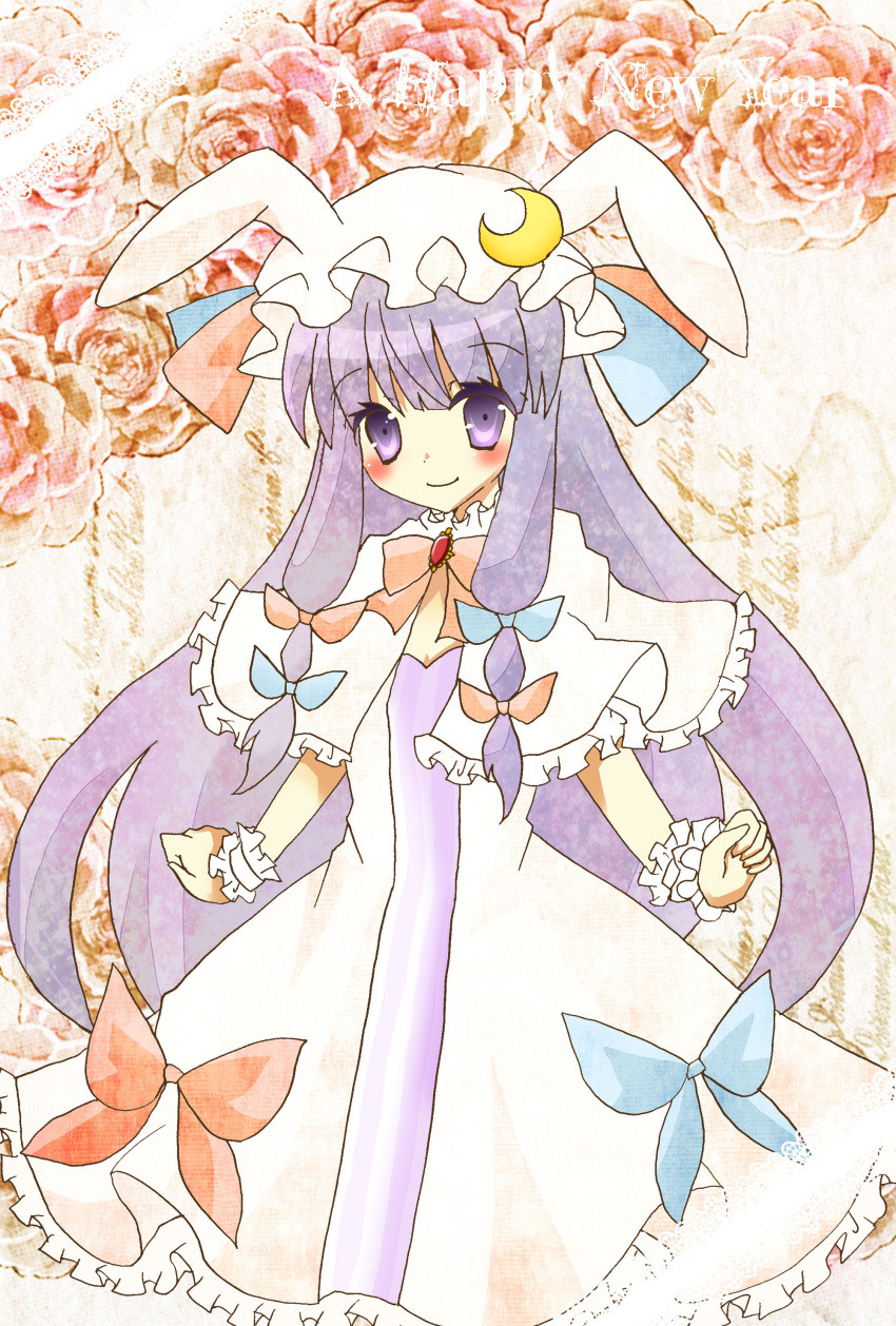 absurdres alternate_costume animal_ears bunny bunny_ears crescent_moon dress hat highres long_hair patchouli_knowledge purple_hair rabbit takahashi_kanon touhou violet_eyes
