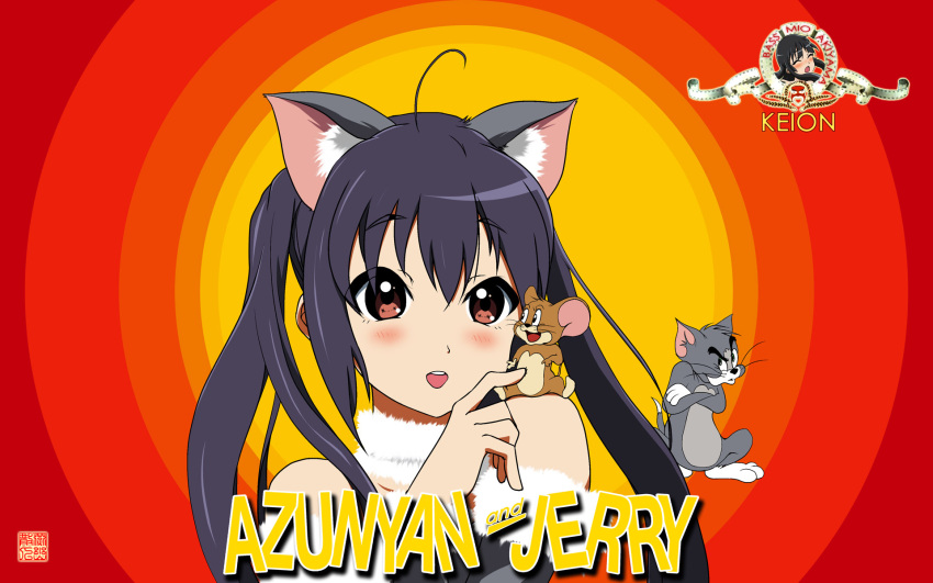 animal_ears animal_on_shoulder bare_shoulders blush brand_name_imitation brand_name_parody brown_eyes cat cat_ears catgirl crossed_arms crossover highres jealous jerry_(tom_and_jerry) jpeg_artifacts k-on! kemonomimi_mode long_hair metro-goldwyn-meyer mgm mouse nakano_azusa open_mouth raised_eyebrow signature symbol-shaped_pupils teeth tom tom_and_jerry yanyou_sanren