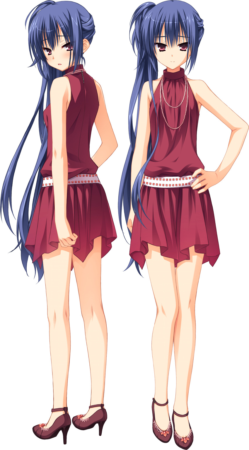 bare_legs blue_hair dress hand_on_hip high_heels highres hips jewelry kneepits legs long_hair looking_back muririn nagamitsu_maya necklace noble_works pearl_necklace red_eyes shoes very_long_hair yuzu-soft