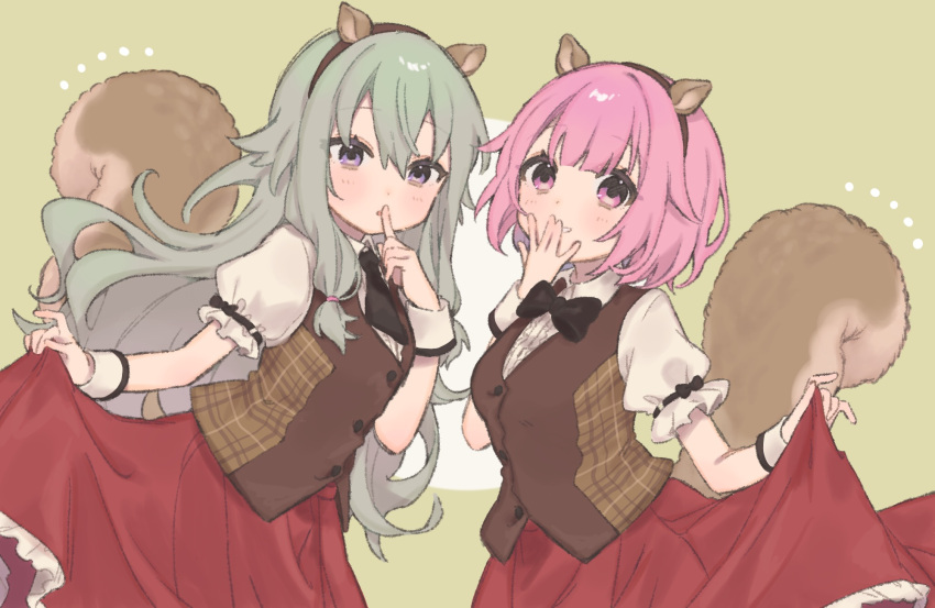 2girls animal_ears black_bow black_necktie blush bow brown_vest commentary green_background green_hair highres index_finger_raised kusanagi_nene long_hair looking_at_viewer mabayui_hikari_no_stage_de_(project_sekai) multiple_girls necktie ootori_emu pink_eyes pink_hair project_sekai puffy_short_sleeves puffy_sleeves red_skirt shirt short_necktie short_sleeves sidelocks simple_background skirt squirrel_ears squirrel_tail tail uminokaisen very_long_hair vest white_shirt wrist_cuffs