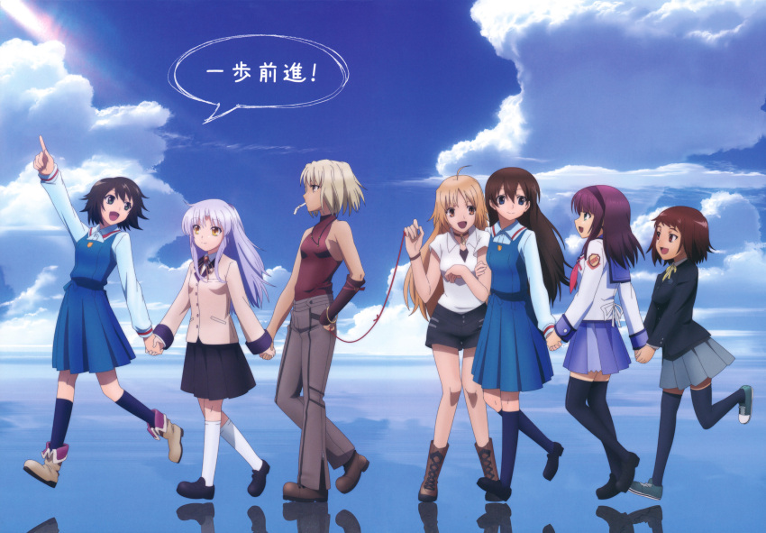 ando_aiko andou_aiko angel_beats! artist_request canaan canaan_(character) cloud clouds crossover hand_holding highres holding_hands isurugi_noe oosawa_maria p.a._works red_string sky source_request string tachibana_kanade thighhighs true_tears yuasa_hiromi yuri_(angel_beats!)