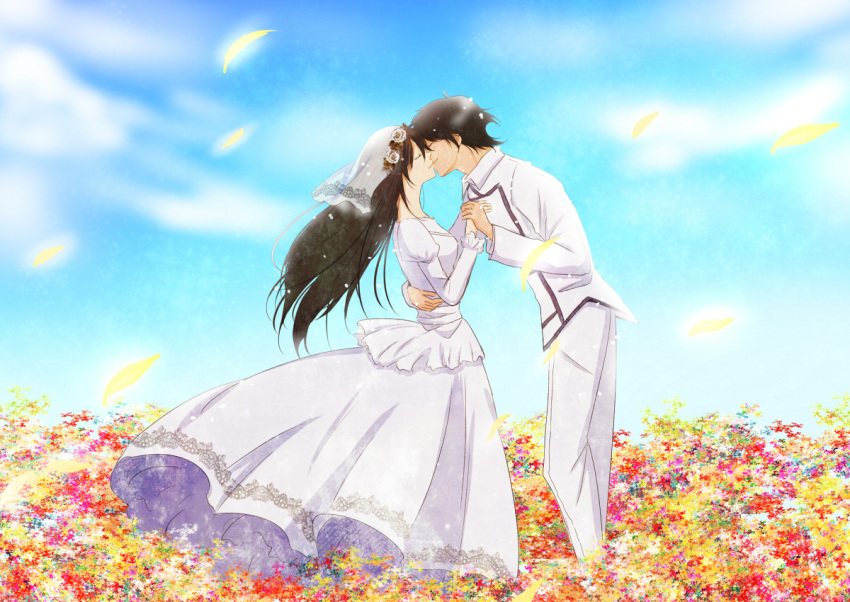 bridal_veil closed_eyes dress eyes_closed flower_field gundam gundam_00 kiss marina_ismail petals ren_(palette) setsuna_f_seiei veil wedding_dress wind wind_lift