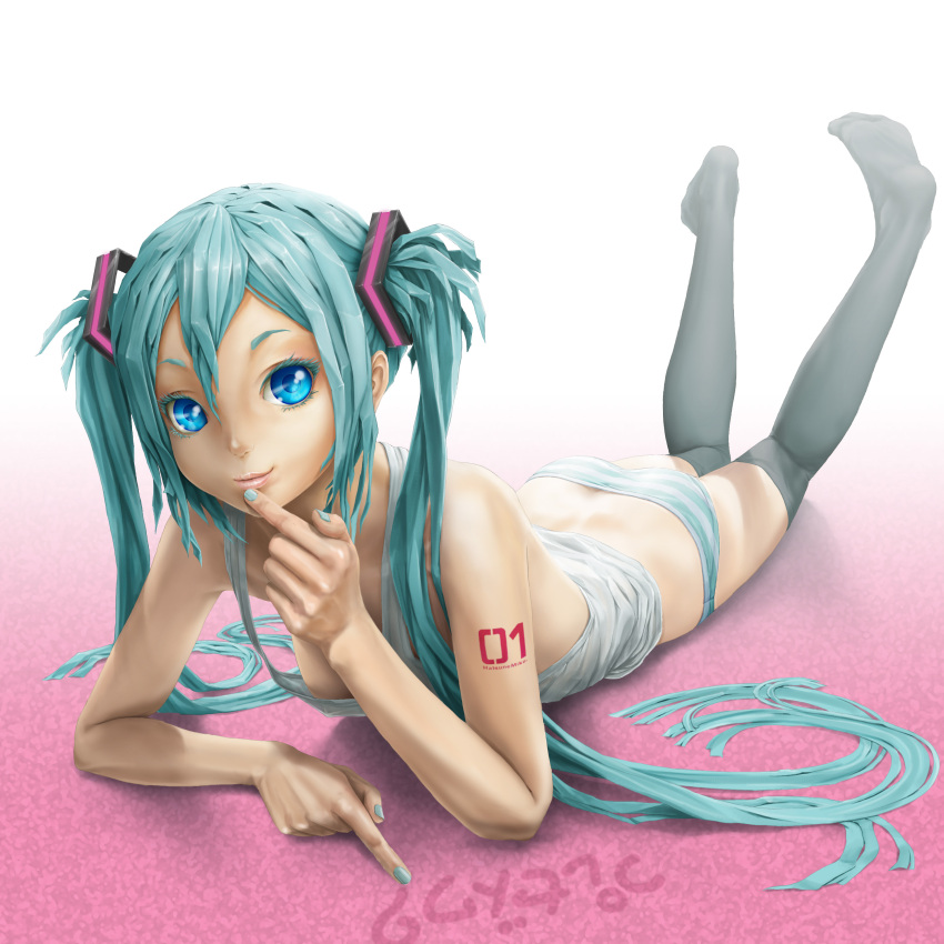aqua_hair blue_eyes down_blouse face feet foreshortening hands hatsune_miku highres lips long_hair lying on_stomach panties pi_(pppppchang) pixiv_manga_sample resized smile striped striped_panties thigh-highs thighhighs translated twintails underwear very_long_hair vocaloid