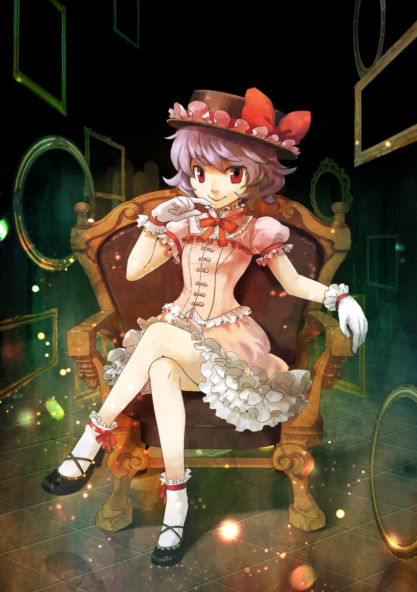 1girl absurdres adapted_costume alternate_costume bat_wings chair crossed_legs dress finger_to_mouth gloves hat highres kawasemi_(pocorit) legs_crossed porkpie_hat purple_hair red_eyes remilia_scarlet short_hair sitting smile solo touhou wings