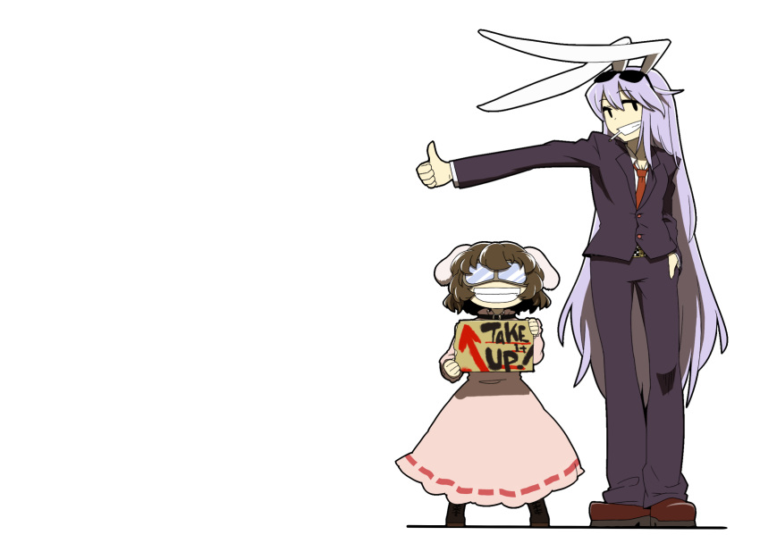 brown_hair bunny_ears cigarette collar english formal goggles grin hand_in_pocket height_difference highres hitchhiking inaba_tewi long_hair necktie outstretched_arm pant_suit reisen_udongein_inaba sign silver_hair smile suit sunglasses thumbs_up touhou ume_(noraneko) very_long_hair