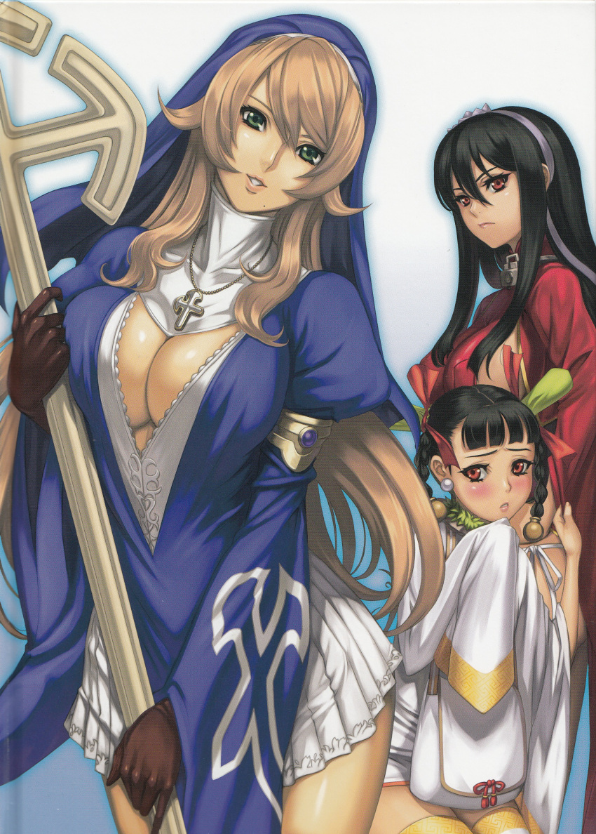 1boy absurdres armlet binding_discoloration black_hair blonde_hair blush breasts cleavage cross eiwa green_eyes highres large_breasts multiple_girls nun queen's_blade queen's_blade_rebellion queen's_blade queen's_blade_rebellion red_eyes sainyan screening siggy tarnyan trap v-neck