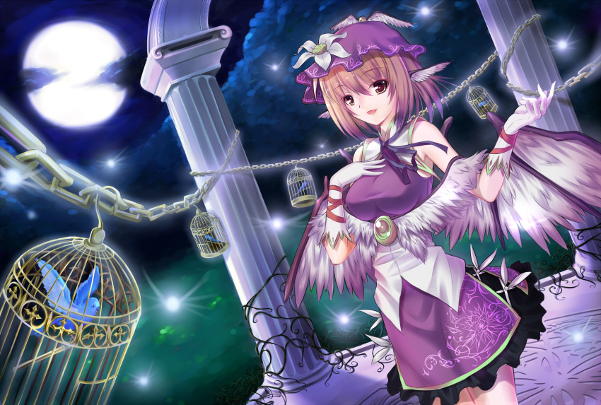 absurdres animal_ears bird birdcage breasts brown_eyes brown_hair cage chain flower full_moon gloves hand_on_own_chest hand_to_chest hat highres large_breasts moon mystia_lorelei ribbon short_hair silversirius skirt solo taut_shirt touhou wings