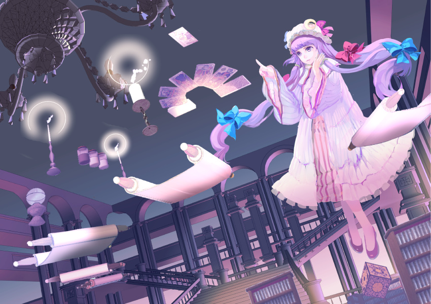 1ten bookshelf candle chandelier crescent crescent_moon floating hat highres long_hair patchouli_knowledge purple_eyes purple_hair scroll solo stairs touhou violet_eyes
