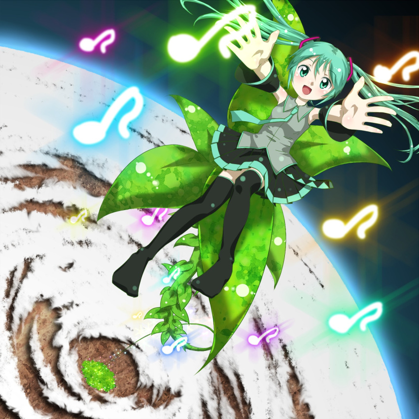 aomi_mayoru aqua_eyes aqua_hair detached_sleeves earth hatsune_miku hello_planet_(vocaloid) highres long_hair musical_note necktie open_mouth outstretched_arms plant reaching sitting solo space thigh-highs thighhighs twintails very_long_hair vocaloid zettai_ryouiki