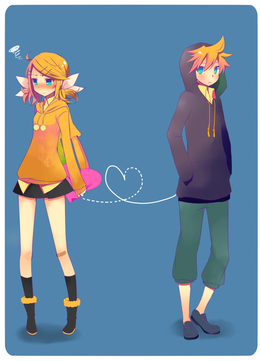 bandaid blonde_hair blue_eyes brother brother_and_sister casual heart highres hoodie kagamine_len kagamine_rin long_sleeves short_hair siblings simple_background sister skirt sleeves_past_wrists temari_(artist) temari_(deae) twins twintails vocaloid