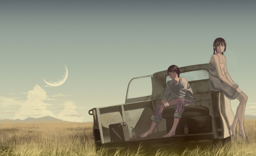 black_hair bottle braid cloud clouds commentary copyright_request couple crescent_moon feet gas_can grass moon motor_vehicle plain shiira short_twintails sitting tire truck twintails vehicle