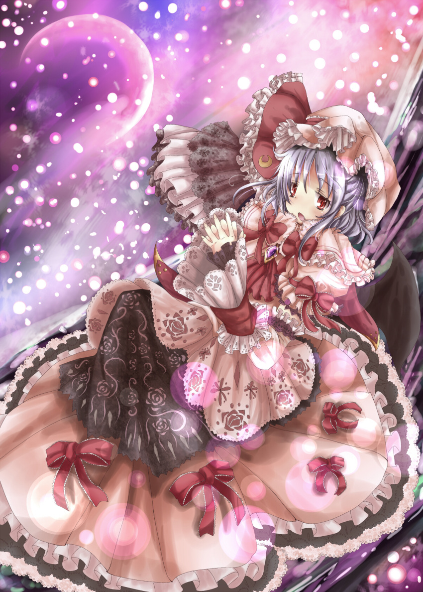 bow crescent_moon dress frills haru_ion highres lace moon ow remilia_scarlet solo touhou