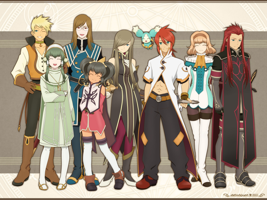 5boys anise_tatlin asch black_legwear blonde_hair blue_eyes boots brown_hair choker glasses gloves green_eyes green_hair grey_background guy_cecil hair_tubes hanosuke highres ion jade_curtiss long_hair luke_fon_fabre mieu multiple_boys multiple_girls natalia_luzu_kimlasca_lanvaldear odd_one_out pantyhose red_eyes red_hair redhead smile surcoat tabard tales_of_(series) tales_of_the_abyss tear_grants thigh_boots thighhighs twintails wink