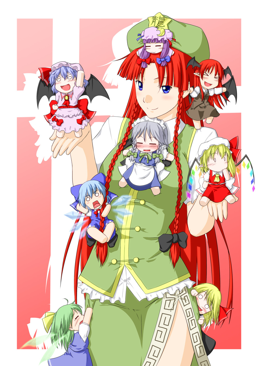 &gt;:) &gt;:3 &gt;_&lt; :3 :d =_= absurdres bad_id bat_wings blonde_hair blue_eyes blue_hair blush bow braid chibi china_dress chinese_clothes cirno crescent daiyousei everyone eyebrows fang fangs flandre_scarlet giantess green_hair hair_bow happy hat head_wings highres hong_meiling izayoi_sakuya koakuma long_hair maid maid_headdress minigirl multiple_girls niwatazumi o_o open_mouth patchouli_knowledge pointy_ears purple_hair red_hair redhead remilia_scarlet rumia side_ponytail side_slit silver_hair smile star tears the_embodiment_of_scarlet_devil touhou twin_braids wings xd youkai