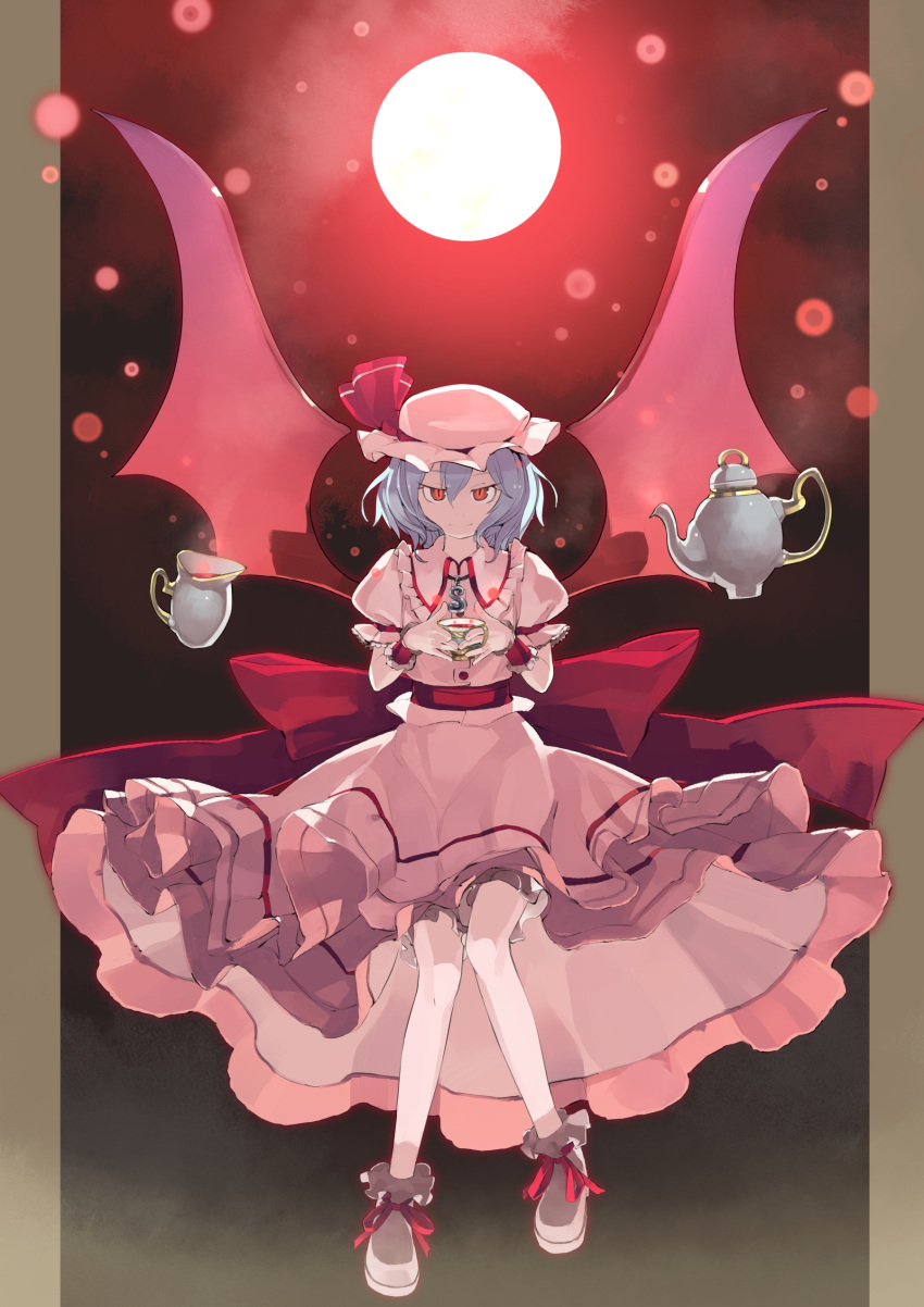 absurdres blue_hair cup dress floating floating_object full_moon hat highres jewelry lavender_hair legs looking_at_viewer moon necklace red_eyes remilia_scarlet shihou shihou_(artist) shihou_(g-o-s) short_hair slit_pupils smile solo tea teacup teapot touhou wings wrist_cuffs