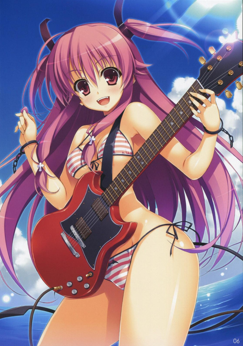 bare_shoulders bikini blush cloud clouds cuffs electric_guitar fang fangs front-tie_top guitar highres instrument lens_flare long_hair musical_instrument open_mouth pink_eyes pink_hair plectrum shiny shiny_skin side-tie_bikini sky solo striped striped_bikini striped_swimsuit sunbeam sunlight swimsuit tail twintails very_long_hair wristband yui_(angel_beats!) yuuki_hagure