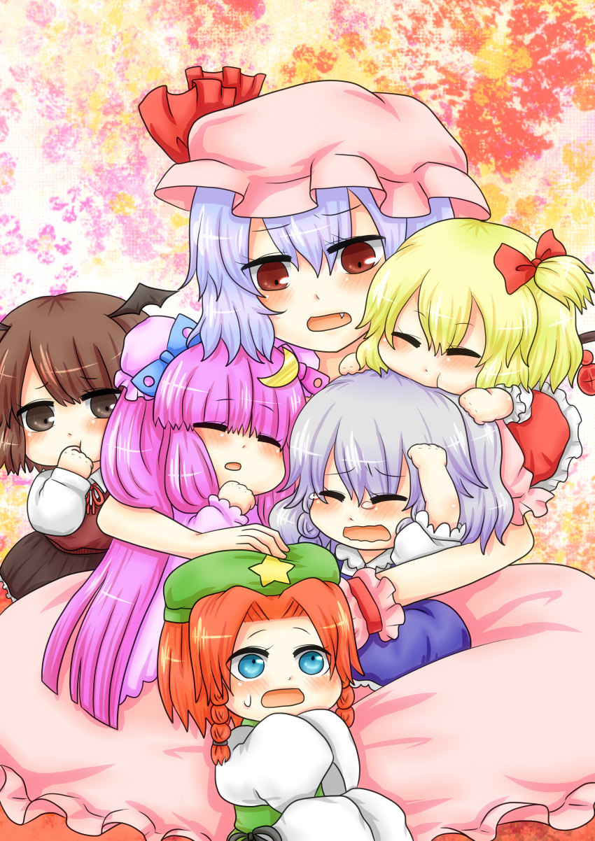 :t absurdres alternate_hair_color biting blonde_hair blue_eyes blush bow braid brown_eyes brown_hair crescent fang flandre_scarlet hair_bow hat head_biting head_wings highres hong_meiling izayoi_sakuya koakuma long_hair multiple_girls patchouli_knowledge purple_hair red_eyes red_hair remilia_scarlet short_hair shuiro side_ponytail silver_hair sleeves_past_wrists tears the_embodiment_of_scarlet_devil time_paradox touhou twin_braids wavy_mouth young