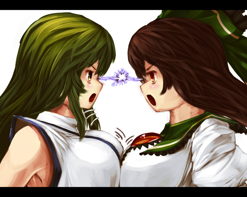 bow breast_press breasts brown_hair confrontation detached_sleeves eye_contact frog green_eyes green_hair hair_bow hair_ornament homeless_mk_ii kochiya_sanae large_breasts letterboxed long_hair looking_at_another multiple_girls red_eyes reiuji_utsuho symmetrical_docking third_eye touhou