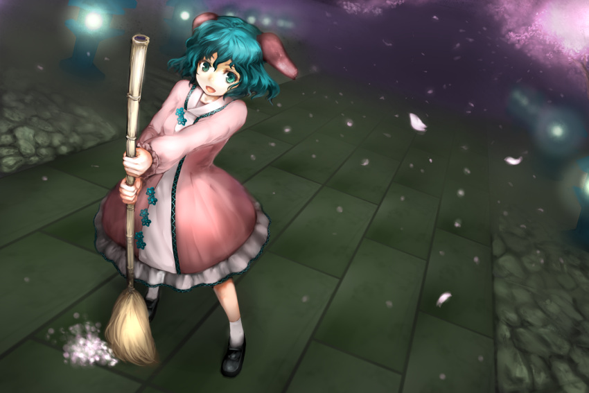 animal_ears aqua_eyes aqua_hair bamboo_broom broom cherry_blossoms circlek dutch_angle green_eyes green_hair kasodani_kyouko lantern night petals short_hair smile solo standing stone_lantern touhou yamabiko