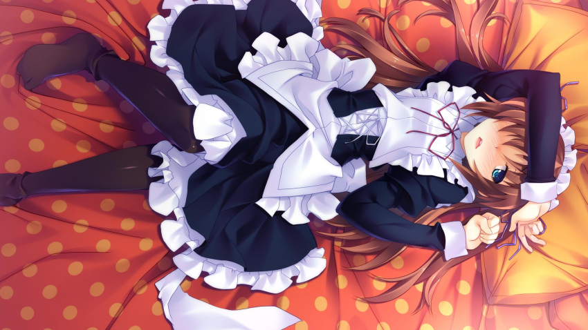 1girl absurdres black_legwear blue_eyes blush brown_hair character_request copyright_request full-face_blush highres lying maid pillow rotated tagme tsurugi_hagane