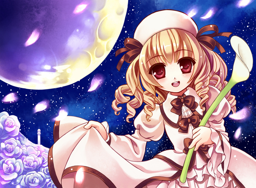 bad_id blonde_hair douji dress dress_lift drill_hair flower full_moon hat looking_at_viewer luna_child moon open_mouth petals red_eyes rose short_hair smile solo touhou white_rose wings