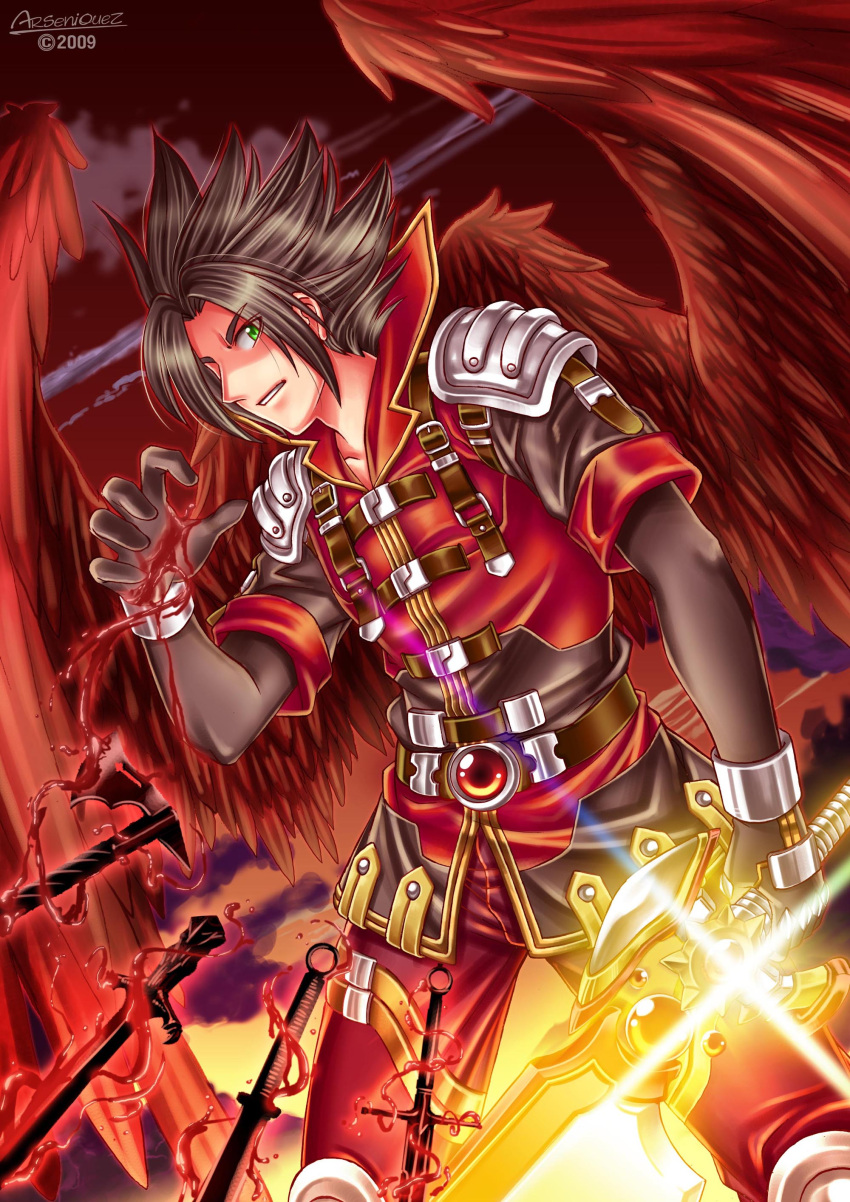 absurdres armor arseniquez axe belt black_hair blood cloud copyright_request dagger feathers gloves green_eyes grin highres magic male sky smile solo sword weapon wings wound