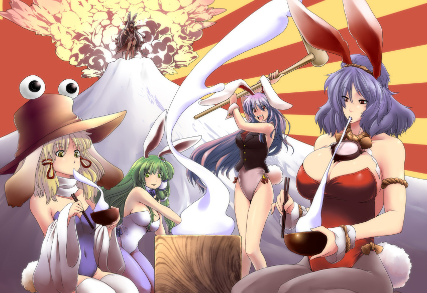 animal_ears bare_legs breasts bunny_ears bunny_tail bunnysuit eating food fujiwara_no_mokou highres kochiya_sanae large_breasts long_hair mochi moriya_suwako new_year pantyhose purple_legwear purple_pantyhose reisen_udongein_inaba short_hair tail thigh-highs thighhighs tobisawa touhou volcano wagashi white_legwear white_thighhighs yasaka_kanako