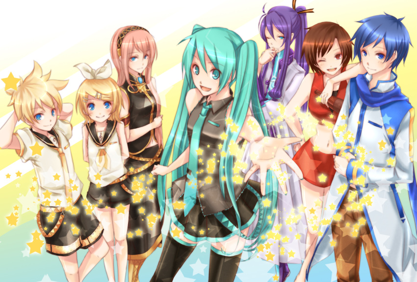 3boys 4girls ahoge aqua_hair armband bass_clef belt blonde_hair blue_eyes blue_hair bottle bow brown_hair coat hair_ribbon hairclip hands_behind_head hatsune_miku headphones kagamine_len kagamine_rin kaito kamui_gakupo looking_at_viewer megurine_luka meiko midriff navel necktie pink_hair ponytail purple_hair red_eyes sailor_uniform scarf short_hair shorts skirt star thigh-highs treble_clef twintails very_long_hair vocaloid zettai_ryouiki