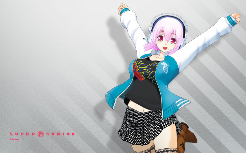 \o/ arms_up breasts contemporary headphones highres jacket large_breasts long_hair looking_at_viewer midriff nitroplus open_mouth outstretched_arms pink_eyes pink_hair red_eyes skirt smile solo soniko super_sonico super_soniko t-shirt thigh-highs thighhighs tsuji_santa wallpaper